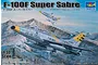 Box art for a Trumpeter 1/32 scale F-100F Super Sabre model kit featuring two silver fighter jets flying over a mountain range.