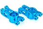 Two bright blue anodized aluminium rear hub carriers for an RC car, shown from an angled perspective on a white background.
