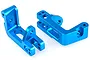 A pair of bright blue anodized aluminium front hub carriers for an RC car, shown against a plain white background.