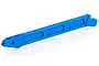 A blue anodized aluminium RC car chassis brace with a machined design featuring three recessed rectangular cutouts.