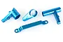 A set of four blue anodized aluminium RC steering components arranged on a white background.