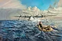 Box art painting of a Short Sunderland flying boat landing on rough seas near a yellow inflatable life raft with three survivors.