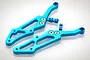 Two blue anodized aluminium RC wing mount brackets with silver screws, shown on a white background.