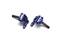Two blue anodized aluminium steering hubs for RC cars, each featuring a 0 degree camber marking.