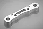 A silver-coloured metal HSP front lower suspension arm mount for an RC car, shown from a high-angle studio perspective.