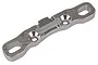 A silver-coloured metal rear lower suspension arm pin mount for an RC car, viewed from an angle against a white background.