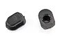 Two small black plastic suspension arm pin bushes for an RC car, shown from different angles on a white background.