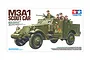 Tamiya 1/35 scale M3A1 Scout Car plastic model kit box art showing an olive green military vehicle with crew figures.