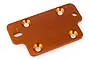 An orange anodized aluminium servo mount plate for RC vehicles, featuring multiple countersunk screw holes.