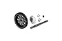 GPM Racing 35T 1.5Mod black spur gear with included bearing, spacers, grub screw, and shaft on a white background.