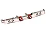 A silver aluminium rear bumper for an RC crawler, featuring two red tow shackles and mounting posts, set against a white background.