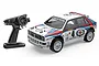 MJX Hyper Go 1/14 scale RC rally car with Lancia Delta style body and included pistol-grip remote controller on a white background.