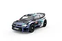 A studio shot of a 1/14 scale MJX Hyper Go Volkswagen Polo R WRC RC rally car in blue with white and black racing livery on a white background.