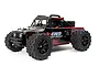 A studio shot of the MJX Hyper Go 14209 1/14 scale RC monster truck in black and red, featuring off-road tires and a roll cage.