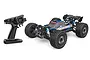 MJX 16207 1/16 scale 4WD electric brushless RC buggy with its black pistol-grip remote controller on a white background.