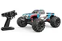 MJX 16208 V2 1/16 scale brushless RC monster truck with blue, red, and white livery, shown with its black pistol-grip radio transmitter.