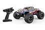 MJX 16209 V2 1/16 scale RC monster truck with a multi-coloured abstract paint job and its black pistol-grip remote controller.