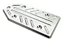 A silver aluminium rear skid plate for an RC vehicle, featuring a machined design with countersunk screw holes and recessed grooves.