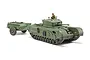 A fully assembled and painted 1/48 scale Tamiya British Churchill Mk.VII Crocodile tank model kit with its fuel trailer on a white background.