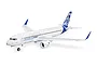 A studio shot of the E-Flite Airbus A320neo 1.5m RC plane, featuring a white fuselage with blue Airbus branding and twin EDF engines.