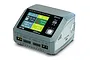 SkyRC D200 Neo dual-port smart charger showing battery charging data on its color display screen.