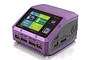SkyRC Q200 Neo quad-port smart charger in purple with a color display showing charging status for multiple battery channels.