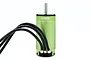 Castle Creations 2028-1700kv brushless motor with a bright green finned aluminum casing and three black power wires extending from the side.