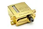 A gold-coloured Reefs RC 99MICRO brass edition micro servo for RC vehicles, featuring a metal casing and a splined output shaft.