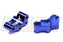 Two blue anodized aluminium engine mounts for an RC vehicle, featuring a curved design and mounting holes, displayed against a white background.