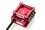 A Hobbywing Xerun XD10 Pro Drift brushless ESC in red, featuring a machined aluminum heatsink and gold-plated solder terminals on a white background.