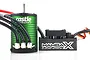 Castle Creations 1406 sensored brushless motor in green and Mamba X electronic speed controller side by side on a white background.