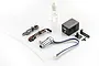 Killerbody 1/10 scale smokey exhaust pipe kit including a chrome exhaust tip, control box, wiring, tubing, and a small bottle of smoke fluid.