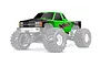 A green and black pre-painted Chevrolet GMT400 body shell for a Traxxas X-Monster RC truck, shown mounted on a chassis.