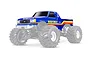 A blue Traxxas Bigfoot Ford F-150 RC monster truck body shell with yellow and red racing stripes, shown mounted on a chassis.