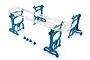 Yeah Racing 1/10 scale aluminium setup system in blue, featuring four upright stands, a clear acrylic top plate, and four small blue wheel nuts.