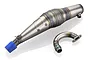 Olimat Engineering silenced exhaust pipe set for Baja 5B, featuring a welded metal tuned pipe and a curved header pipe with a blue silicone coupler.