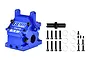 A blue anodized aluminium gearbox housing for RC cars by GPM Racing, shown with included screws, washers, and a small black metal component.