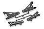 A set of black plastic RC suspension arms on a white background, still attached to their original sprue frame.