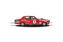 Side view of a red Scalextric 1/32 scale Ford XY Falcon GT-HO slot car, featuring racing livery and number 3D, displayed on a track section.