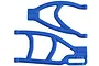 Two blue RPM extended wheelbase suspension arms for Traxxas RC vehicles on a white background.