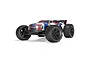ARRMA Kraton 6S V6 BLX RC Truggy in blue, white, and red livery, viewed from a low front-three-quarter angle against a white background.