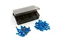 A Yeah Racing screw set for Tamiya TT-02 featuring blue anodized aluminium screws and silver titanium screws in a partitioned plastic storage box.