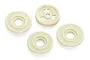 A set of four off-white plastic RC car drive gears of varying sizes arranged on a white background.