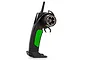 BlackZon Warrior 2.4GHz RC transmitter with a black pistol-grip handle, green grip insert, and a steering wheel on the side.