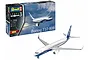 A Revell 1/288 scale Boeing 737-800 plastic model kit box next to a fully assembled and painted model airplane.