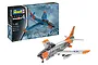 Revell 1/48 scale F-86D Dog Sabre plastic model kit box and a fully assembled, painted model aircraft on a white background.