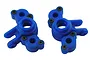 A pair of blue RPM RC steering hubs for Traxxas 1/16 scale vehicles, featuring black screws and molded plastic construction.