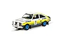 Scalextric 1/32 scale 1979 Ford Escort MkII rally slot car in white, blue, and yellow Rothmans livery, featuring number 1 on the side.