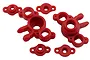 A set of red RPM steering hubs and associated small plastic parts for Traxxas 1/16 scale RC vehicles.