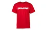 A red short-sleeved T-shirt with the white Traxxas logo printed on the chest, isolated on a white background.